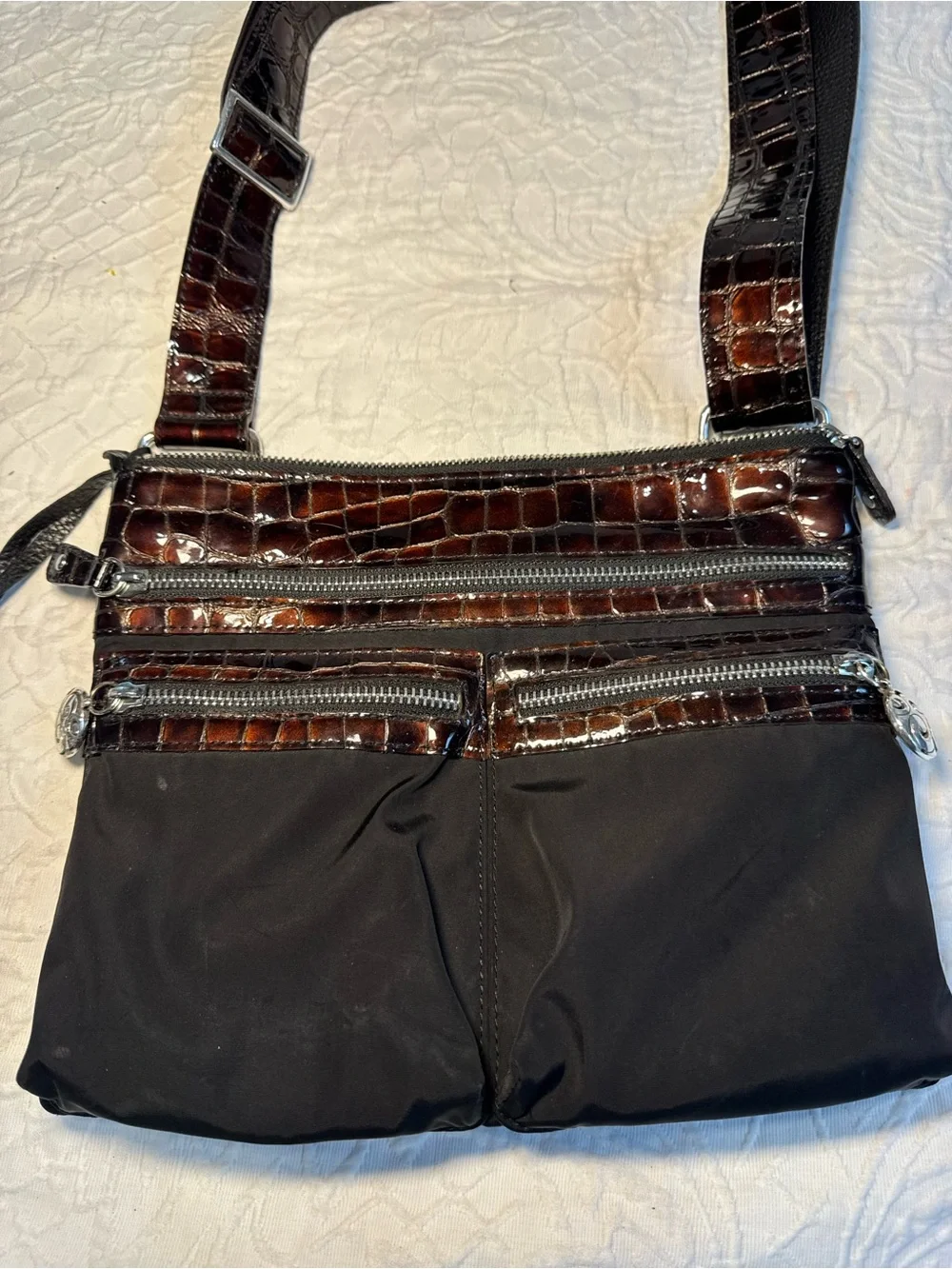 BRIGHTON Black/Brown Nylon GO GO Slim Crossbody Bag Croc Accents